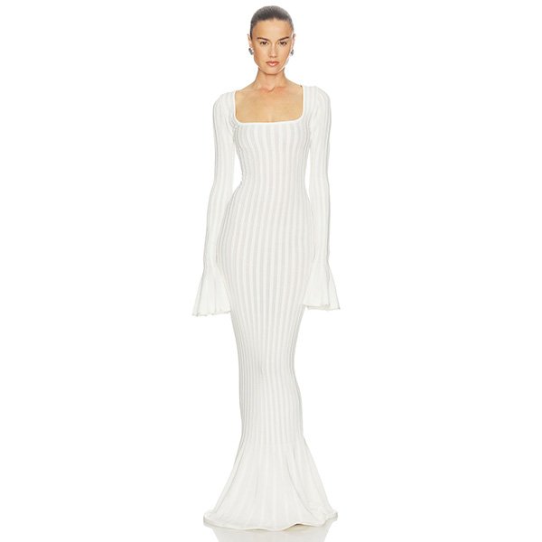 Knit Maxi Dress Helsa white front view with square neck, bell sleeves and flared hem