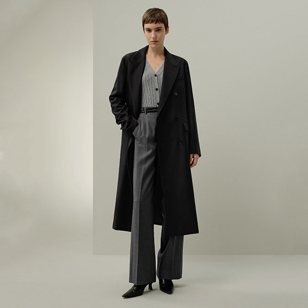 Long Coat LILYSILK black double-breasted front view with relaxed longline silhouette
