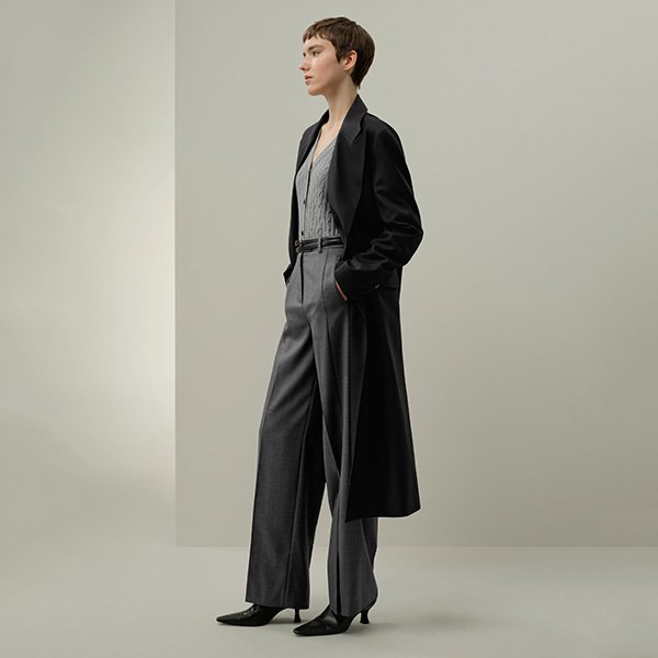 Long Coat LILYSILK black side profile showing draped silk-wool drape and length