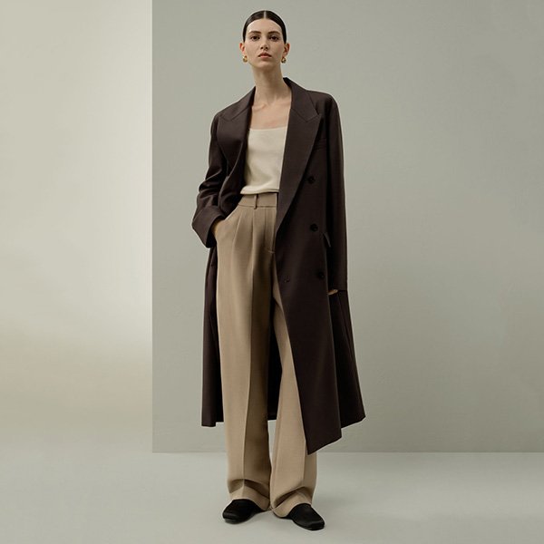 Long Coat LILYSILK chestnut silk-wool draped front view with notch lapels over wide-leg trousers