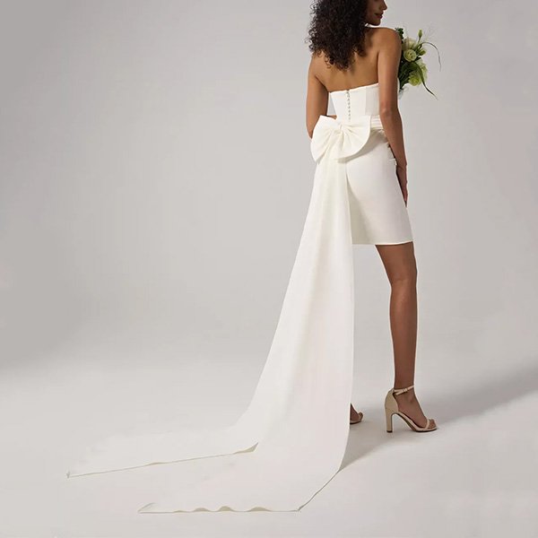 Short Wedding Dress AW white satin back view with large bow and long detachable train