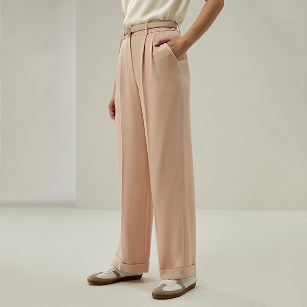 Straight-Leg Trousers LILYSILK mahogany rose side view showing silk drape and cuff