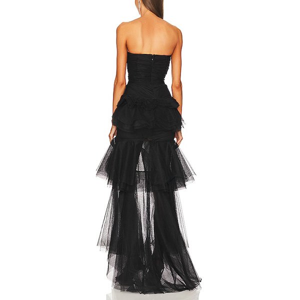 Tulle Gown Michael Costello black strapless back view with ruffled tulle hi-low hem