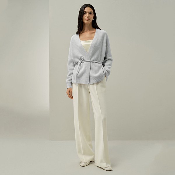 Wrap Cardigan LILYSILK ice bouclé silk-cashmere front view with waist tie and kimono sleeves