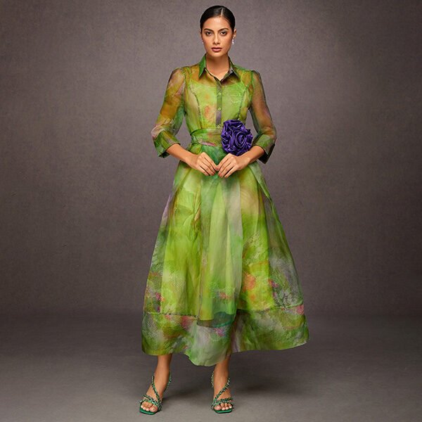 Abstract Print Maxi Dress Floral Belt Green