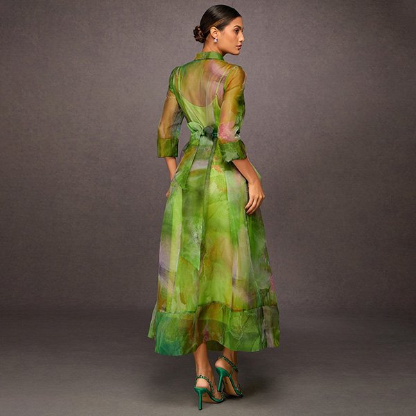 Abstract Print Maxi Dress Floral Belt Green
