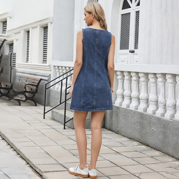 Button Down Denim Dress Sleeveless Blue