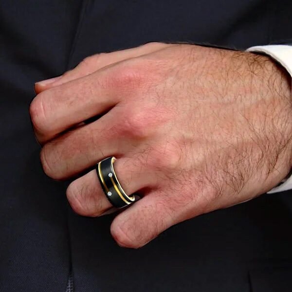 Men's Two Tone Tungsten Band Black Sapphire