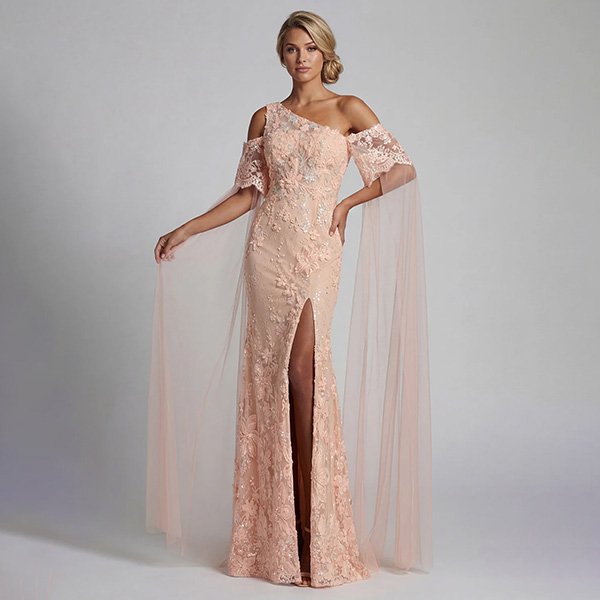 Zapaka Peach Mermaid Dress Beaded Cape