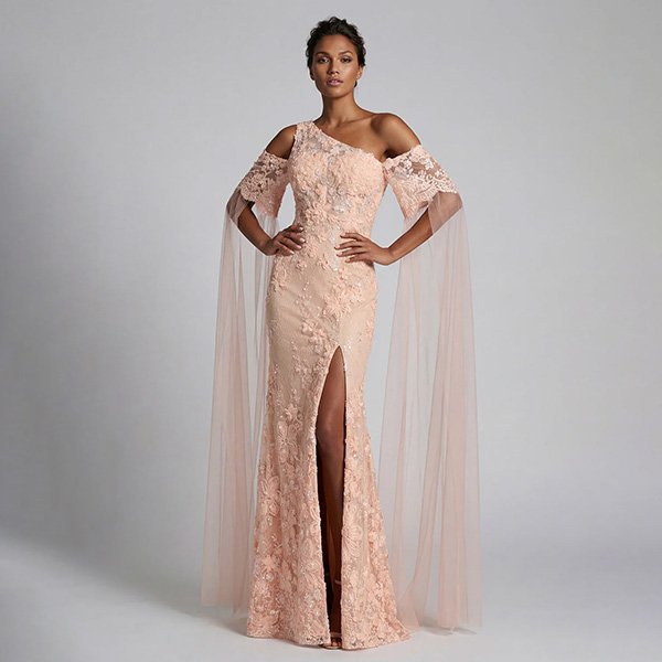 Zapaka Peach Mermaid Dress Beaded Cape
