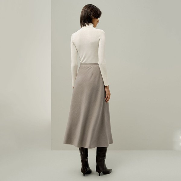 A-Line Skirt LILYSILK mottled silk-wool taupe back view with cream turtleneck and knee-high boots