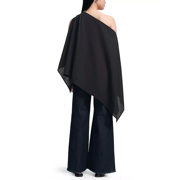 Asymmetric Top Marcella Jas black back view with diagonal draped tunic hem over wide-leg denim