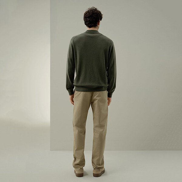 Cashmere Sweater LILYSILK Safari Green back view showing ribbed mock neck and slim fit