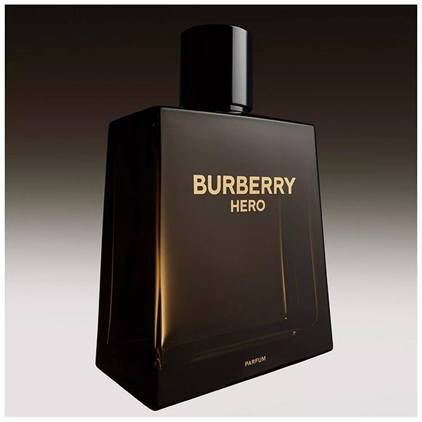 Cologne for Men Burberry Hero Parfum angular amber bottle dramatic angle shot