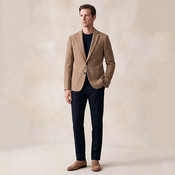 Corduroy Blazer Zapaka khaki styled over navy tee with dark trousers and tan loafers