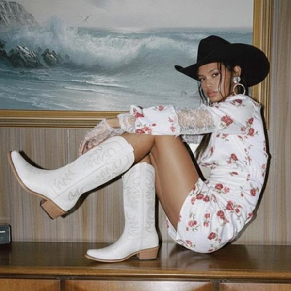 Cowgirl Boots REDTOP The Elizabeth ivory worn seated with floral dress and black hat