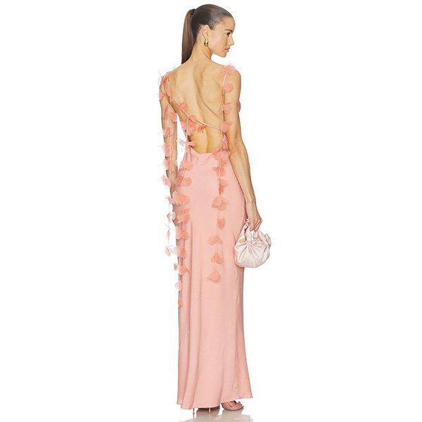 Cowl Neck Dress Cult Gaia Nymeria back view with organza petal garland straps