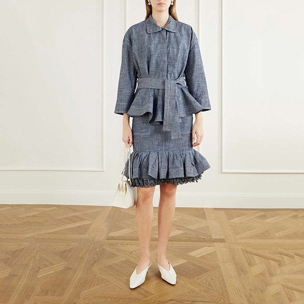 Denim Skirt Jacquemus grey styled with matching denim jacket and white mules