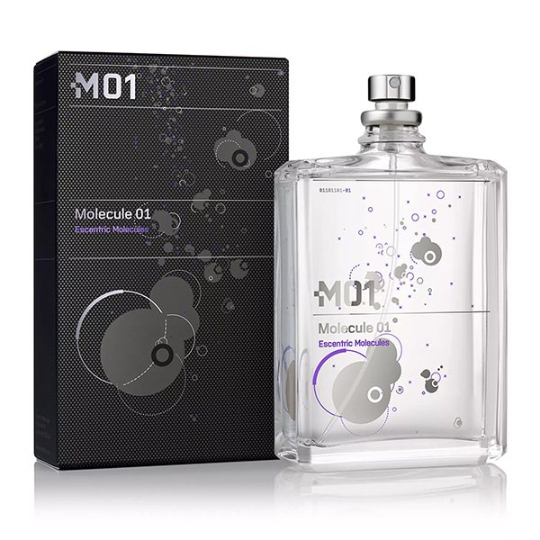 Eau de Toilette Molecule 01 Escentric Molecules black box beside clear glass bottle with Iso-E Super label