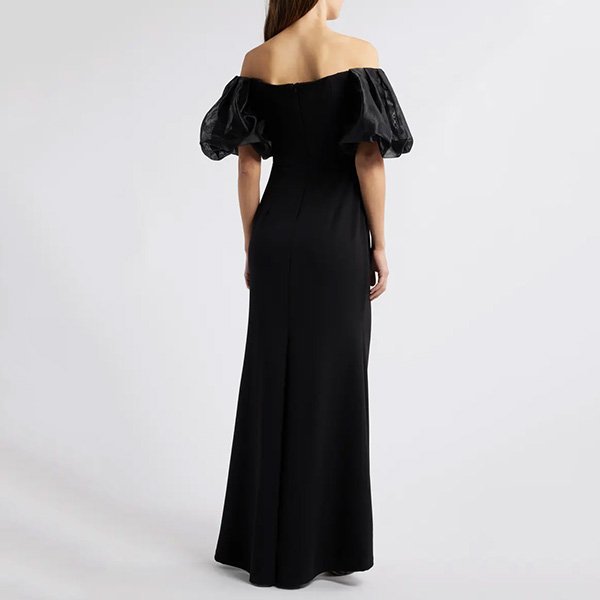 Evening Gown Eliza J black back view with off-shoulder organza puff sleeves and mermaid skirt