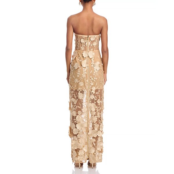 Floral Gown AQUA gold back view showing back zip closure and cascading 3D flowers