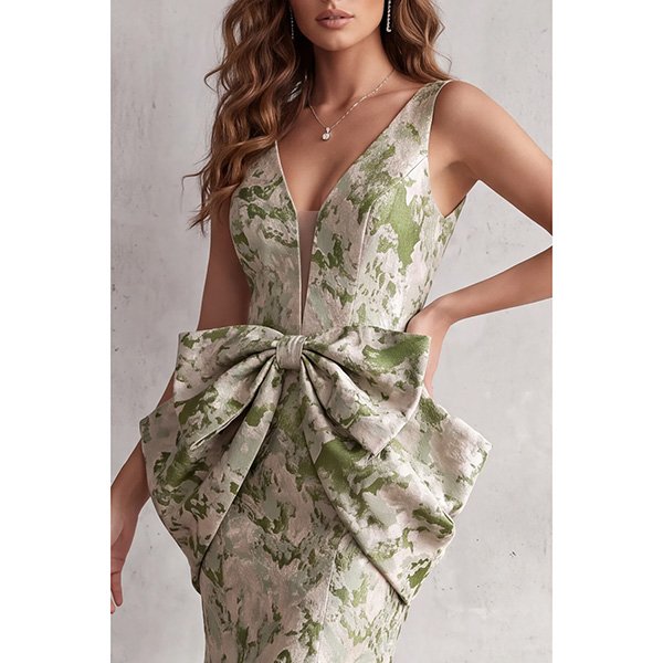 Formal Dress ZAPAKA sage jacquard close-up of plunging V-neckline and oversized bow