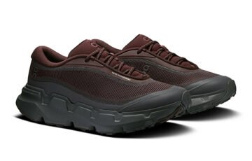 Hiking Sneakers On Cloudsoma Hike brown pair angled view with rugged segmented sole