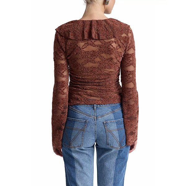 Lace Cardigan Avec Les Filles russet back view showing sheer chenille lace and ruched detailing
