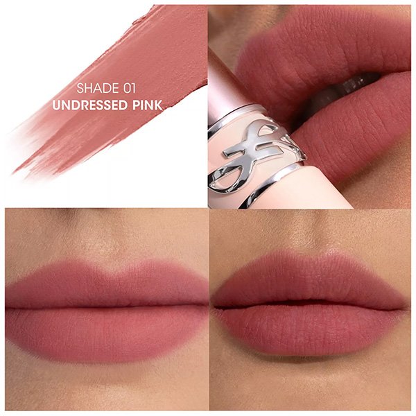 Lipstick YSL LoveNude shade 01 Undressed Pink swatch and lip application on two skin tones