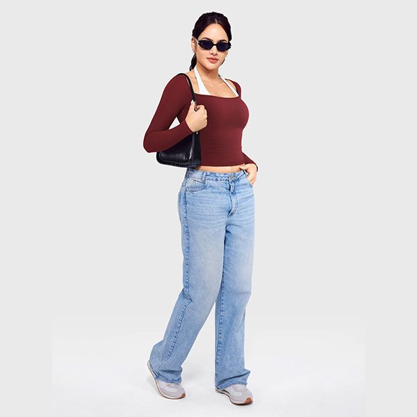 Long Sleeve Top YEOREO Ease anchor red full body view with square neck, jeans and sunglasses