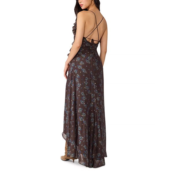 Maxi Dress Steve Madden Roselyn dark espresso floral back view with crisscross tie straps and ruffles