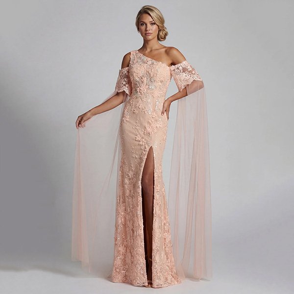 Mother of the Bride Dress - Peach Floral Cape
