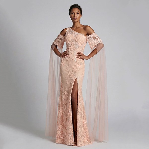 Mother of the Bride Dress - Peach Floral Cape
