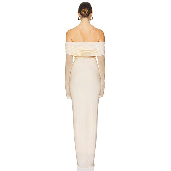 Off Shoulder Gown Deme by Gabriella off-white back view with sheer mesh sleeves and floor-length drape