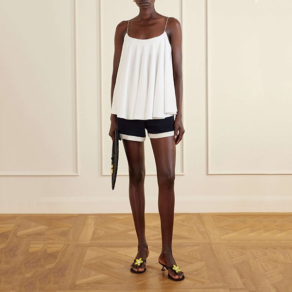 Open Back Top Jacquemus white front view with fluid pleats and navy shorts