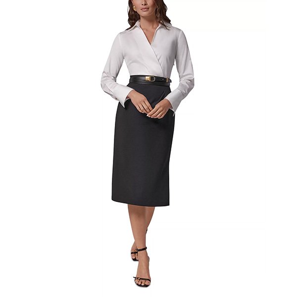 Pencil Dress - Collared Belted Cream/Black