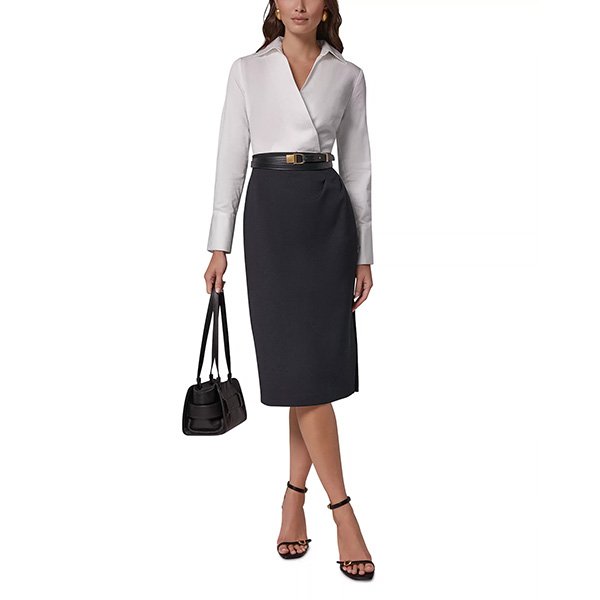 Pencil Dress - Collared Belted Cream/Black