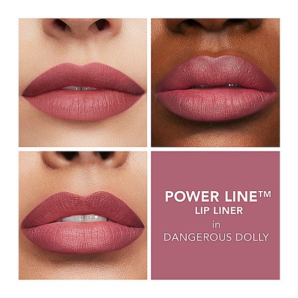 Plumping Lip Pencil Buxom Dangerous Dolly dusty mauve pink swatches on three skin tones
