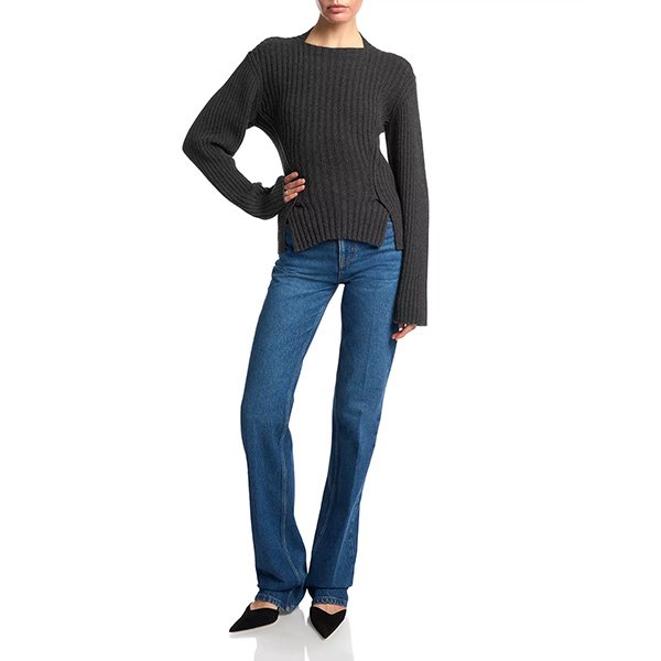 Ribbed Sweater Victoria Beckham ore melange worn by model with straight-leg jeans and black mules