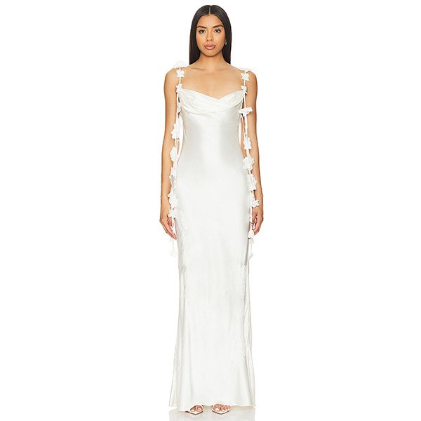 Satin Gown NBD Inaya cream ivory with floral strap appliques and column silhouette