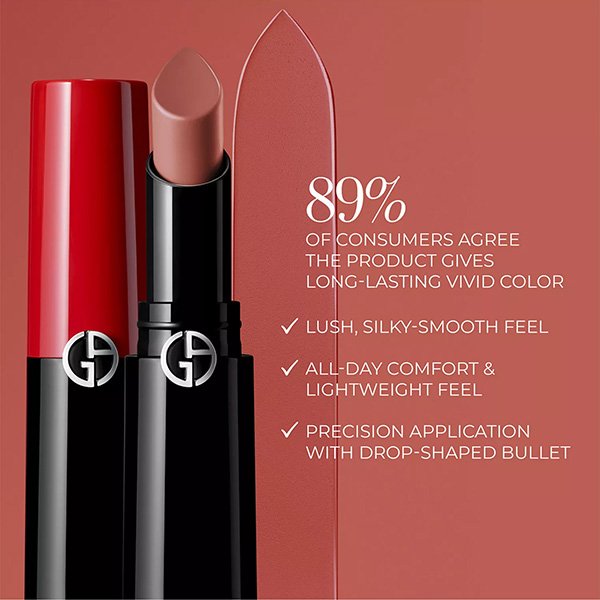 Satin Lipstick Armani Lip Power benefits graphic showing silky feel and drop-shaped bullet