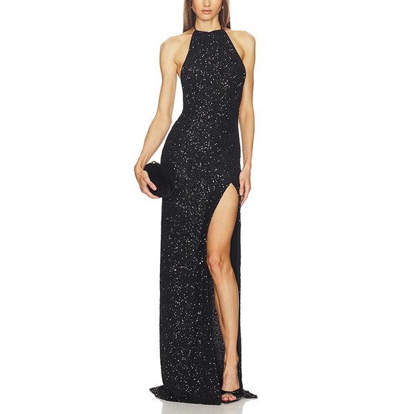 Sequin Gown - Reggio Halter Black