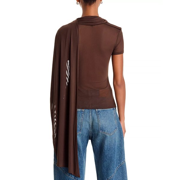 Sheer Top AFRM espresso rear view with sheer mesh body and cascading side drape