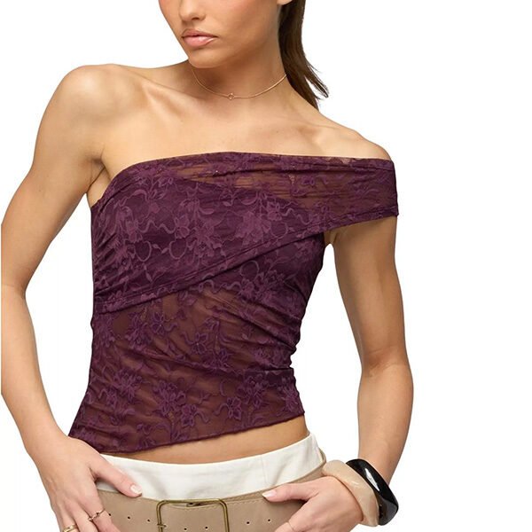 Sheer Top - Asymmetric One Shoulder Lace | Edikted