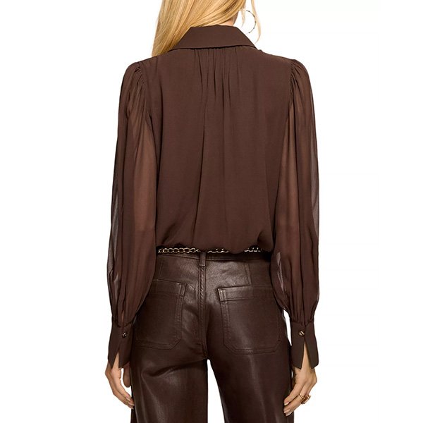 Silk Blouse Ramy Brook heritage brown back view showing sheer sleeves and gathered shoulders