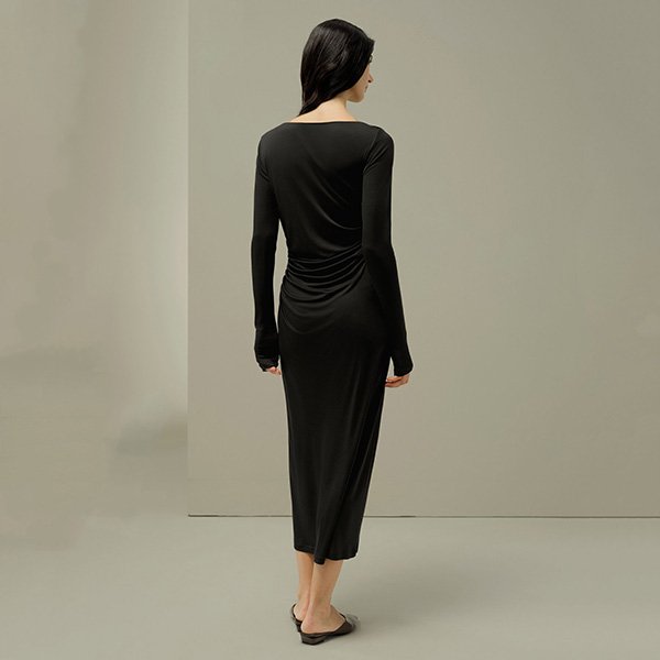 Silk Jersey Dress LILYSILK black rear view showing draped mulberry silk jersey and ruching