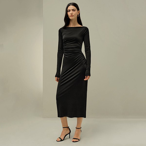 Silk Jersey Dress - Ruched Boat Neck