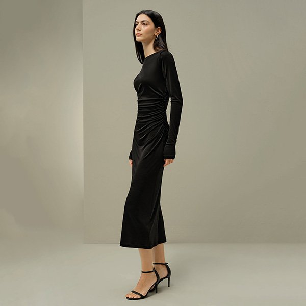 Silk Jersey Dress - Ruched Boat Neck