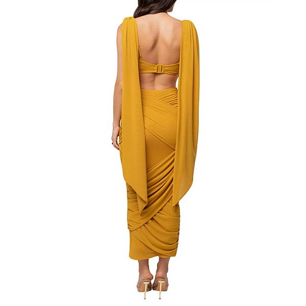 Skirt Set JLUXLABEL yellow back view showing hook-and-eye top, draped shoulders and ruched skirt
