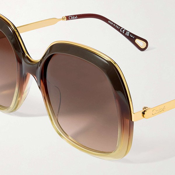 Square Sunglasses Chloé Aly close-up showing tonal-brown acetate, gold temple and cutout tip